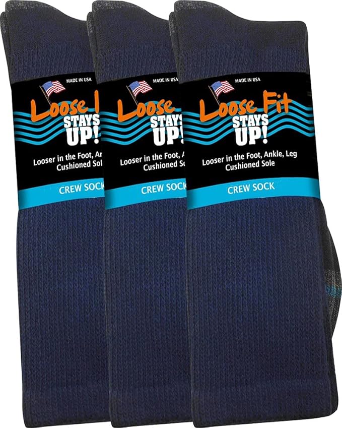 Loose Fit Stays Up Men's and Women's Casual Crew Socks (Pack of 3) Made in USA! Cushioned Sole
