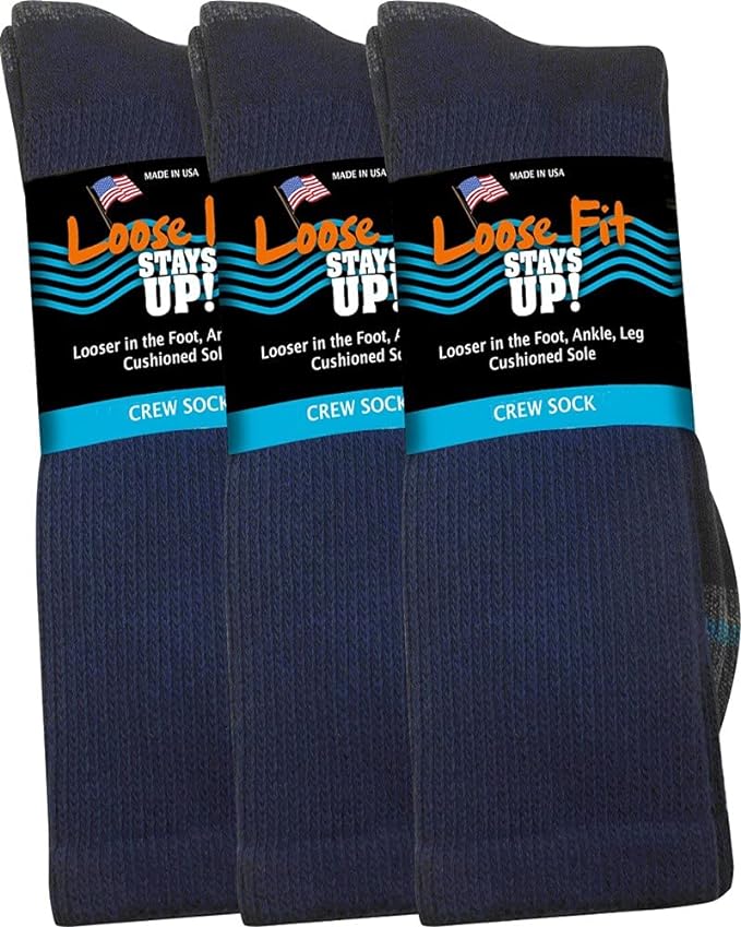 Loose Fit Stays Up Men's and Women's Casual Crew Socks (Pack of 3) Made in USA! Cushioned Sole