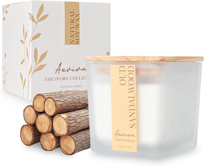 Scented Candle, 7.04 oz Oud Sandalwood Aromatherapy Candle, Natural Soy Wax with Wooden Wick, Candles for Home, 45 Hours Burn Time, Scented Jar Candle Gifts