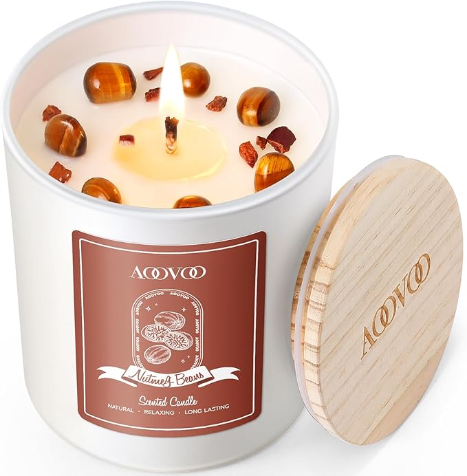 AOOVOO Nutmeg Beans Scented Candles for Women - Aromatherapy Candle with Crystals Inside, 10oz Soy Candles for Home Scented, Birthday Gifts Candle for Women Mom