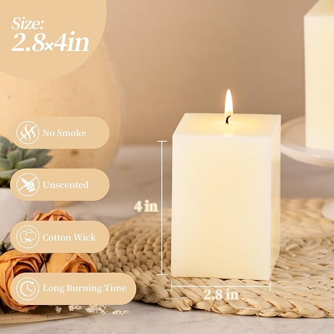 KONNI Square Ivory Pillar Candles Set of 3, 2.8"x 4" Unscented Pillar Candles Bulk, 30 Hours Long Burning Candles, Smokeless and Dripless Large Candle for Wedding, Home Decoration, Parties, Spas