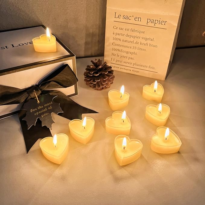 Tea Candles Heart Romantic Candle Small Sweet Wedding Party and Home 1.5-2 Hours Extended Burn Time Votive Parties Tealight Wishing Bulk Birthday Halloween Emergency Family 9 Pack (Yellow)