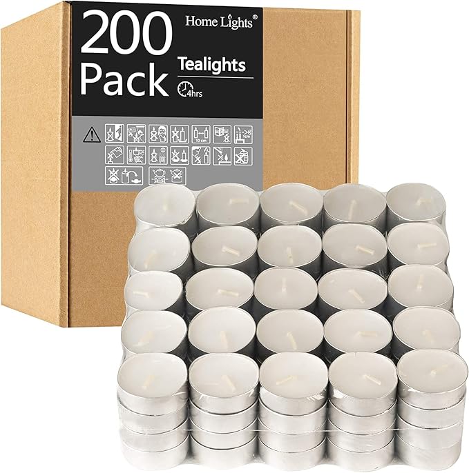 Tealight Candles - 4 Hours - Giant 100,200,300 Bulk Packs - HomeLights White Unscented European Smokeless Tea Lights for Shabbat, Weddings, Christmas, Home Decorative - 200 Pack