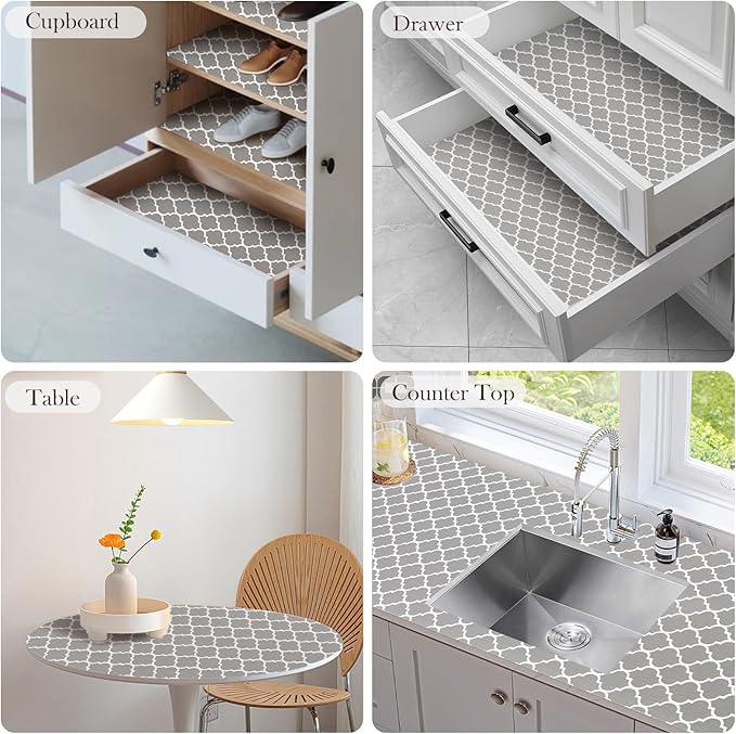 Drawer and Shelf Liner, Non-Slip Kitchen Cabinet Liners Non-Adhesive Thick Strong Grip Waterproof Washable Mats Protect Dresser Shelves Cupboard Bathroom Cabinets, Gray, 12 in X 10 FT