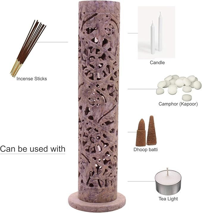 Carry Me Marble Soapstone Incense Stick Holder | Candle Burner | Tea Light Holder - Perfect Handmade Elephant Carving for Gifting. Decorative Home and Office Decor.(3 x 3 x 11 Inches)