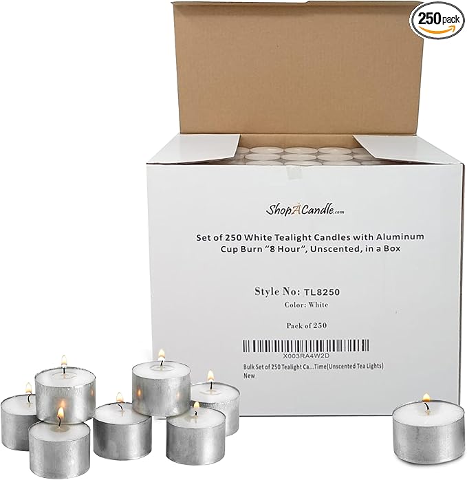 Tea Light Candles in Metal Cups - 8 Hours Clean, Long Burning White Unscented - 250 Votive Candles Bulk for Romantic Dinner, Wedding, Spa & Hotels by PARNOO