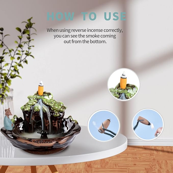 Guilin Landscape Backflow Incense Burner, Handmade Ceramic Waterfall Incense Stick Cone Holder with 20 PCS Incense Cones and 30 PCS Incense Sticks