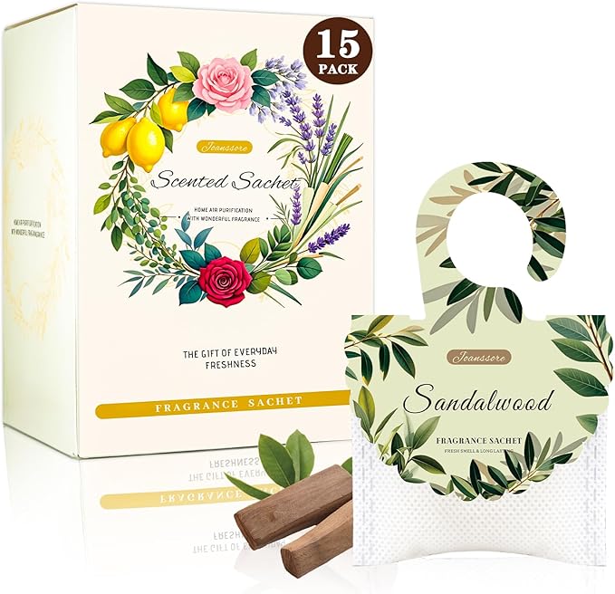 15 Packs Sandalwood Scented Sachets Bag for Drawers and Closets, Air Freshener for Home Fragrance Sachet, Long-Lasting Hanging Closet Deodorizer Smell Goods for House