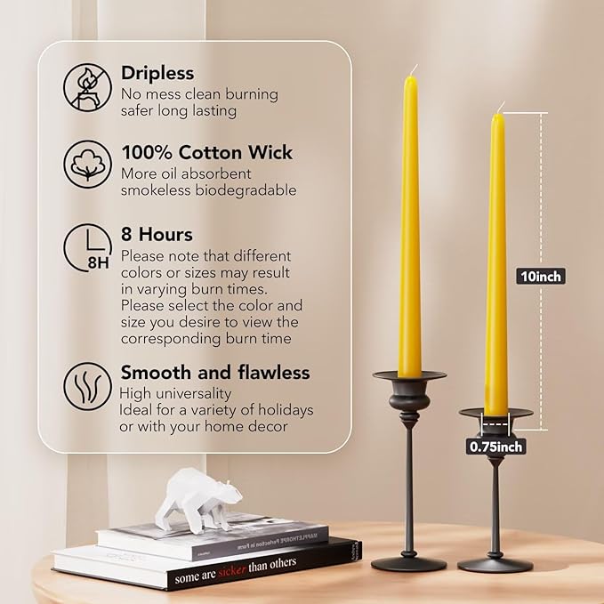 New Burning Formula Unscented Dripless 10-Inch Taper Candles Set of 12 - Lemon, for Wedding, Dinner - Smokeless, Long Burning - Hand Poured, Colored Tall Candlesticks - Limón