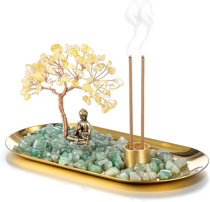Jovivi Crystal Incense Holder for Sticks, Citrine Healing Crystal Stone Money Tree Buddha Statue Set Incense Burner, Incense Trays for Wealth, Good Luck,Yoga Meditation Home Decor