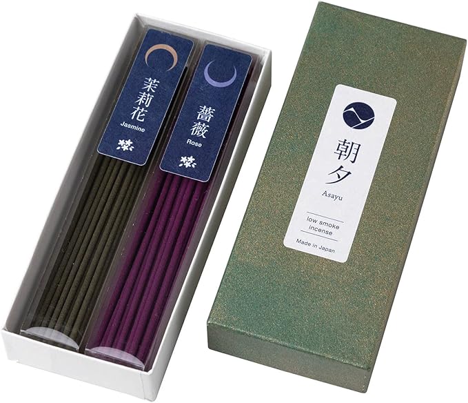 Asayu Japan Low Smoke Incense Sticks - Floral Set (Jasmine + Rose), 40gr (Each Scent 20g), for Yoga, Zen Meditation and Relaxation - Smokeless for Less Irritation