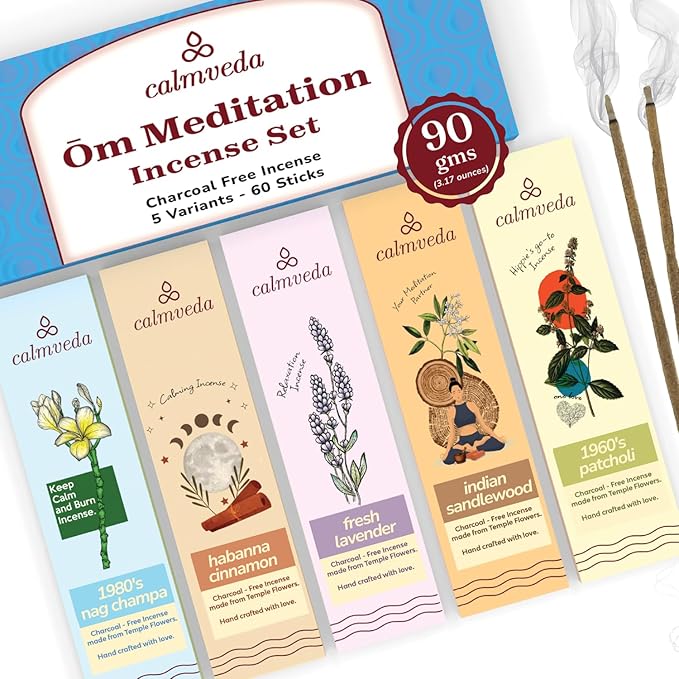 Ōm Meditation Incense Sticks - (5 Variants, 60 Insenses) Charcoal Free Inscents-Sticks | Nag Champa, 60s Patchouli Incense, Lavender Incense, Cinnamon & Sandalwood Incense, Perfect Care Gift