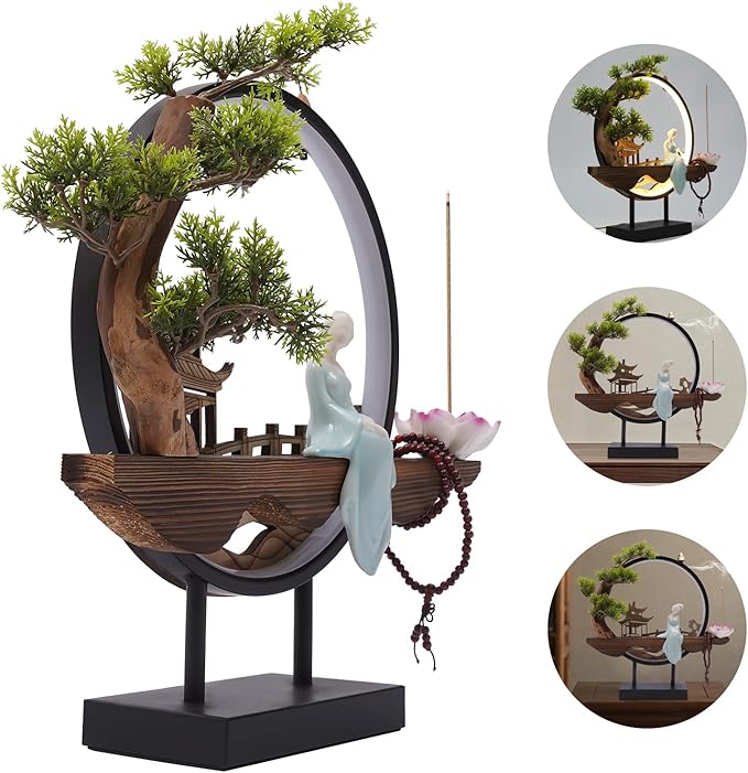 Backflow Incense Holder with LED Light and Pines, Ceramic Lady Chinese Style Backflow Incense Burner Perfect for Relaxing or Home Decor