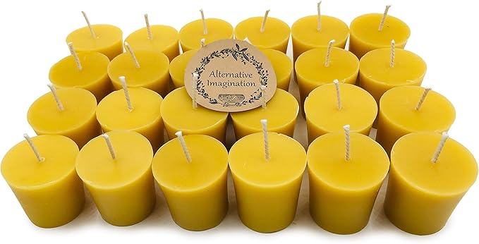 24 Pack of Beeswax Votive Candles - 100% Pure, Natural Beeswax with Natural Light Honey Scent - 15 Hour Burn - Alternative Imagination