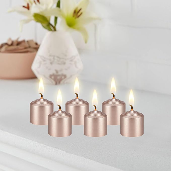 Mega Candles 12 pcs Unscented Rose Gold Votive Candles, Hand Poured Wax Candle 10 Hour 1.38 Inch x 1.5 Inch, Home Décor, Wedding Receptions, Centerpieces, Occasions, Events, Festivities, Meditations