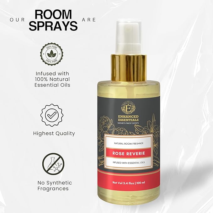 Luxurious Rose Room Spray–by Enhanced Essentials|Made with Pure Rose Essential Oil & Natural Ingredients|Indulge in a Romantic,Uplifting Floral Aura for Home,Office,Linens & Cars|100 ml (3.4 fl oz)