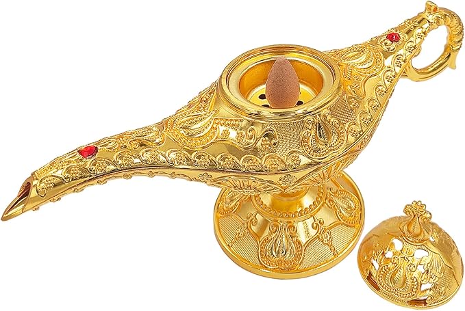 Vintage Aladdin Genie Lamp Cone Incense Holder,Legend Magic Lamp Incense Burner Arabian Costume Props,Wishing Light for Home Decor Birthday Party Wedding Gold