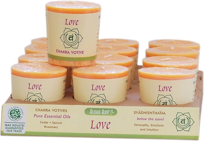 Premium Scented Hand Made Chakra Energy Candle | Votive 12-pack | Love, Svadhishtana| Yoga, Prayer & Meditation Candle | Long Burn |Essential Oils Cedar, Spruce, Rosemary | Aloha Bay