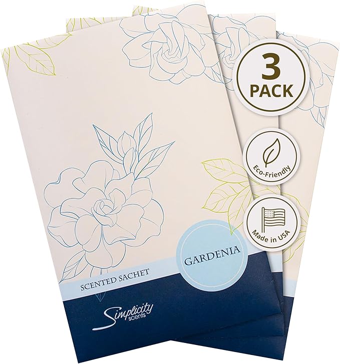 Gardenia Scented Sachets Pack of 3, Spring and Summer - Long-Lasting Scented Bags, Home Fragrance, Air Freshener & Deodorizer for Closet, Room, Drawer, or Cars, Made in USA