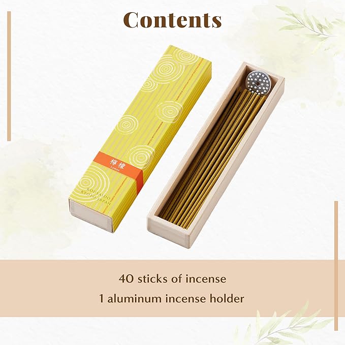 Hasegawa Hyakurakuko Premium Japanese Sandalwood Incense - Long Type, 40 Sticks with Aluminum Holder, 20-30 Min Burn Time, Made in Japan 線香 百楽香 (Lemon)