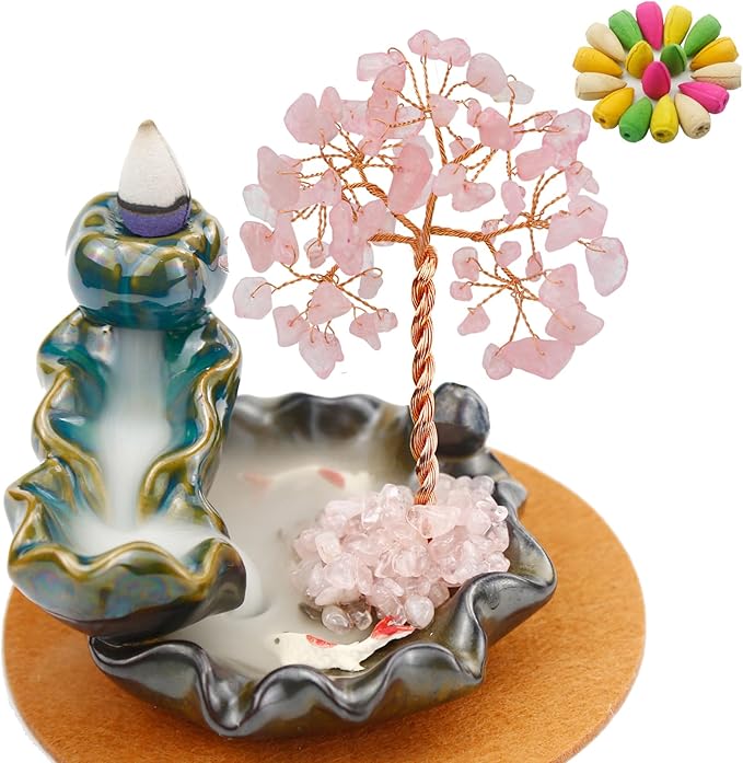 Backflow Incense Holder, Waterfall Incense Burner, Gemstone Money Tree Home Living Room Decorations Office Accessories for Women, Mothers Day Mom Gifts (Rose Quartz)