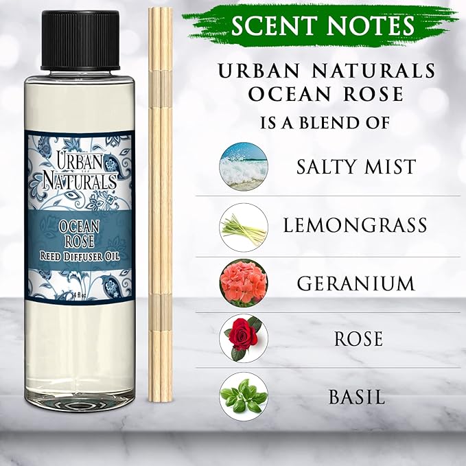 Urban Naturals Reed Diffuser Oil Refill, Ocean Rose Diffuser Oils with Rose, Lemongrass, Basil, 4 oz + Free Reed Sticks, Made in The USA