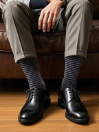 COTTON DAY Men's Premium Soft Combed Cotton Trouser Dress Socks Seamless Toe Black Navy Blue Striped