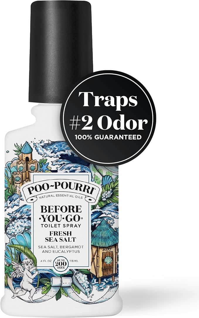 Poo-Pourri Before-You-Go Toilet Spray, Fresh Sea Salt, 4 Fl Oz, Up to 200 Uses, Bathroom Odor Deodorizer, Plant-Based with Essential Oils, for Home or Work, Sea Salt, Bergamot & Eucalyptus Scent