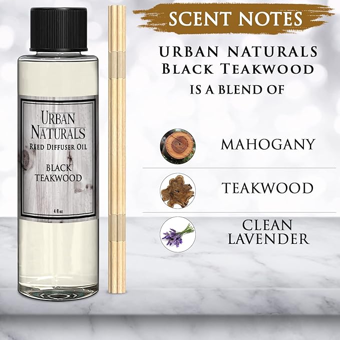 Urban Naturals Black Teakwood Reed Diffuser Oil and Sticks Set Refill | Includes a Free Set of Reed Sticks! Fresh Herbs, Birch, Pear, Sage & Amber Fragrance Notes | 4 oz.