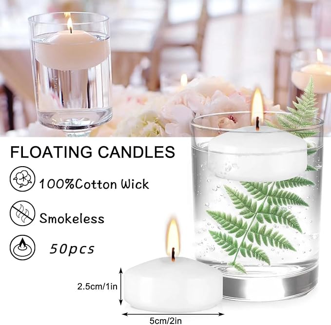 50 Pack of 2-Inch White Floating Candles - Ideal for Weddings, Home Décor, Spa Baths, and Romantic Settings.