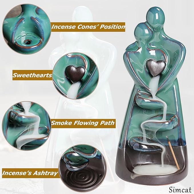 Simcat Backflow Incense Burner Holder Handicraft Hugging Lovers Incense Holder Censer Romantic Incense Waterfall Burner Decor + 20 Backflow Incense Cones 30 Incense Sticks 1 Tweezer 1 Mat