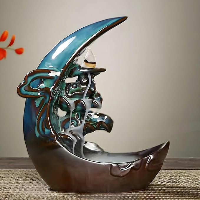 Moon Backflow Incense Holder – Ceramic Incense Cone Holder with 60 Backflow Incense Cones | Waterfall Incense Burner & Waterfall Fountain | Incense Waterfall Effect for Relaxation & Meditation