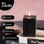 KONNI Square Black Pillar Candles Set of 3, 2.8"x 4" Unscented Pillar Candles Bulk, 30 Hours Long Burning Candles, Smokeless Dripless Large Candle for Wedding, Home Decoration, Parties, Spas, Dinner