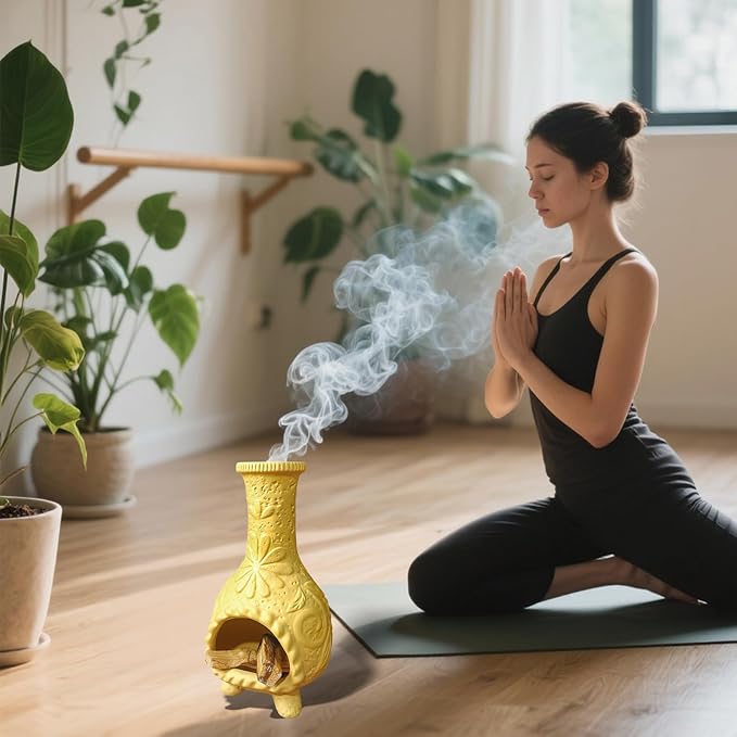 Yellow Floral Reliefs Palo Santo Burner Holder-Mexican Mini Chiminea Inspired,Chimney for Smudging Sage/Incense Cones/Sticks for Altar/Zen Rituals, Handmade Decor for Witchcraft Supplies