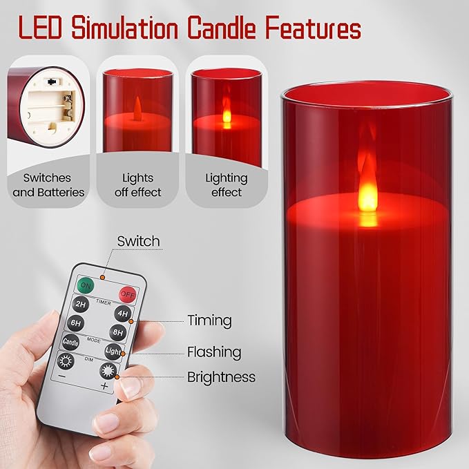 Flameless Candles, LED Candles with Remote Control and Timer, New Real Flickering 3D Wick Battery-Powered Acrylic Column Candles for Romantic Ambiences and Home Décor, Set of 3 (Red)