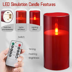 Flameless Candles, LED Candles with Remote Control and Timer, New Real Flickering 3D Wick Battery-Powered Acrylic Column Candles for Romantic Ambiences and Home Décor, Set of 3 (Red)