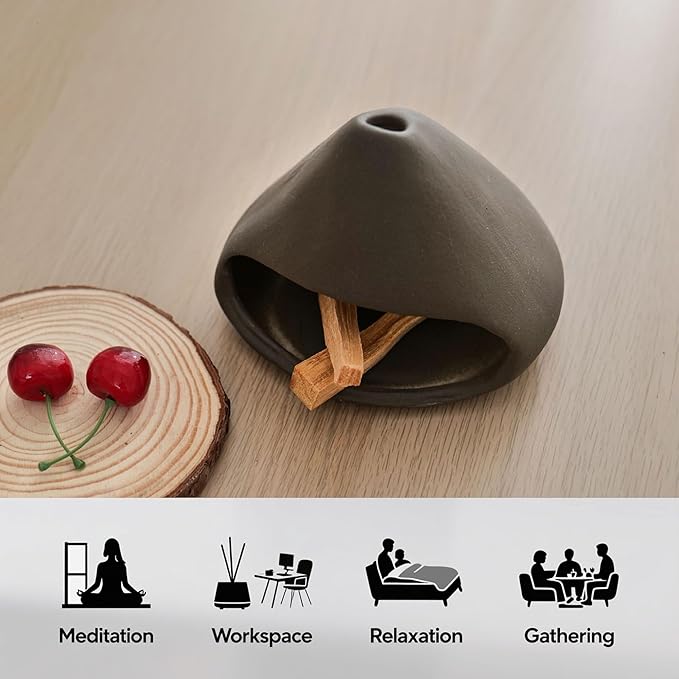 Ceramic Palo Santo Burner, Mini Chimney Incense Holder with Ash Catcher, Aromatherapy Meditation Home Decor for Anxiety Relief, Black