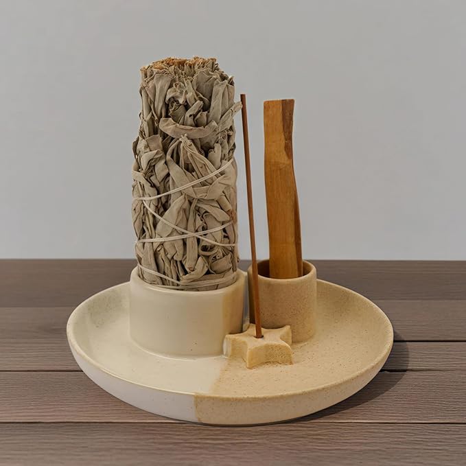 4 in 1 Incense Holder, Ceramic Incense Stick and Palo Santo Holder,Sage Holder for Burning- 5.5" Ceramic Ash Catcher Tray for Meditation and Yoga Room (Star Sand)