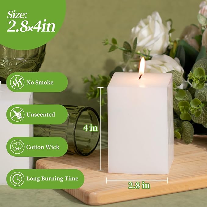 KONNI Square White Pillar Candles Set of 3, 2.8"x 4" Unscented Pillar Candles Bulk, 30 Hours Long Burning Candles, Smokeless&Dripless Large Candle for Wedding, Home Decoration, Parties, Spas, Dinner