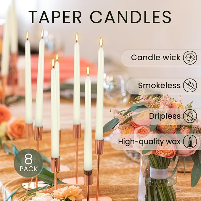8 Pack Ivory Taper Candles 10 Inch Tall 3/4 Inch Thick Burn 8 Hours