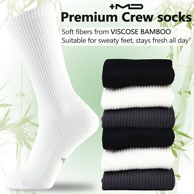 +MD Crew Socks for Men 6 Pairs, Viscose Bamboo Socks, Mens Dress Socks with Soft Cushioned, Smell Control, Black White