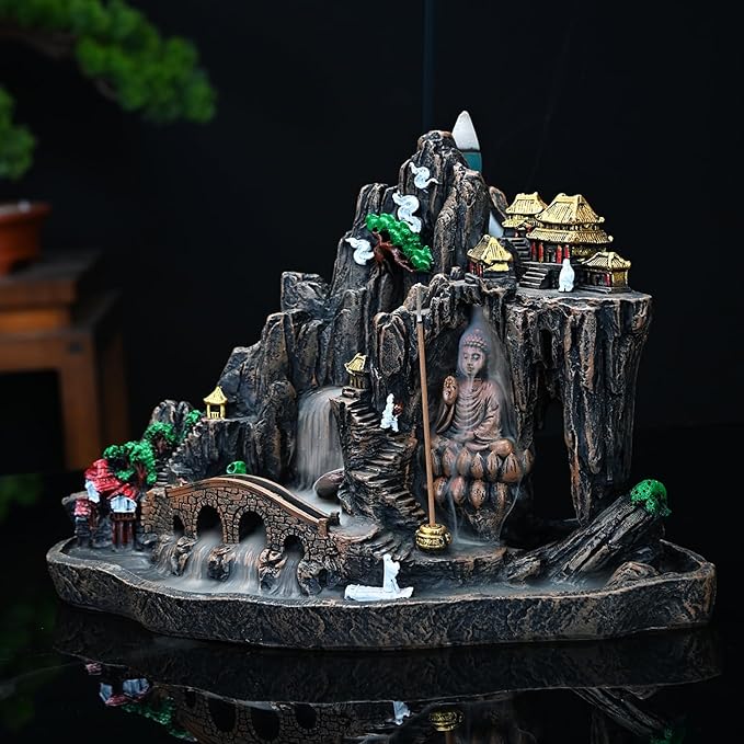 Mountain Waterfall Incense Burner，Backfall Incense Holder River, Incense Falls Meditation Decor for Room with Upgrade Incense Cones and Accessories (Buddha)