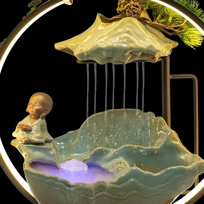Backflow Incense Holder with Water Fountains and LED Light, Rockery, Monk and Plants Perfect for Relaxing or Home Decor (Monk witn Rockery)