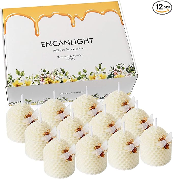 Natural Beeswax Candles 12 Pack, Hand Rolled Bee Themed Candles - 3.5 Hours Burn Time Each, Smokeless and Dripless for Home Decor, Party Favors, Gifts