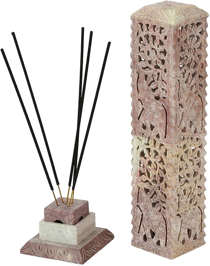 Handmade Carving Soapstone Incense Stick Tower Holder | Incense Stick Tower Burner Holder Spa Aromatherapy Home Office Fragrance Accessories Home Office Decor - (10 X 3 Inches)