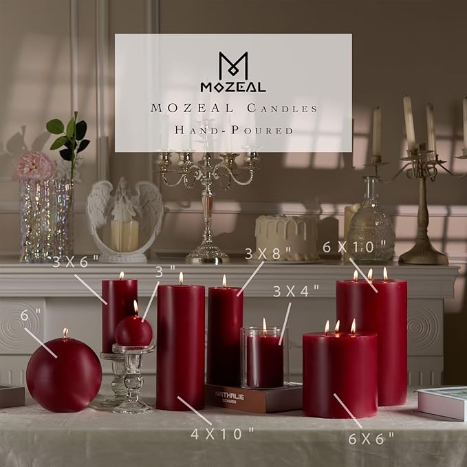 MOZEAL 4" x 12" Extra-Large Dark Red Pillar Candles (Set of 2), Unscented,Dripless, Smokeless,Long Clean-Burning,These Tall 12 inch Large Red Pillar Candles Perfect for Weddings and Christmas Decor