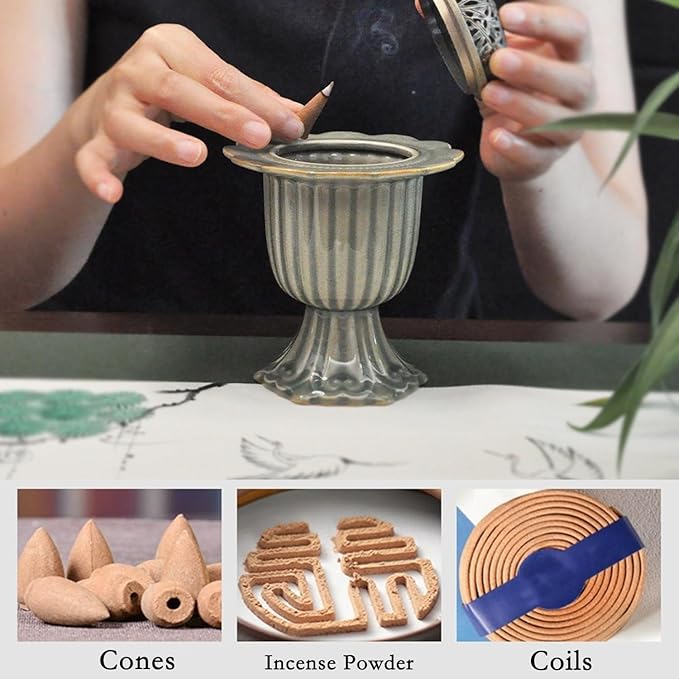 Ceramic Incense Holder with Braze Lid,Incense Cone Burner for Coil Incense,Mediation Gift,Home Decor (Light Green)