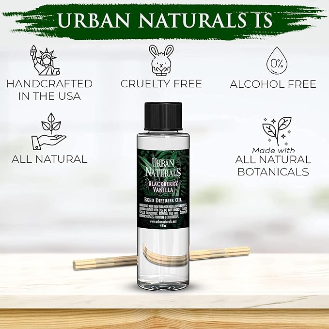 Urban Naturals Reed Diffuser Oil Refill, BlackBerry Vanilla Diffuser Oil with Blackberries, Vanilla, Patchouli, 4 oz + Free Reed Sticks, Made in The USA