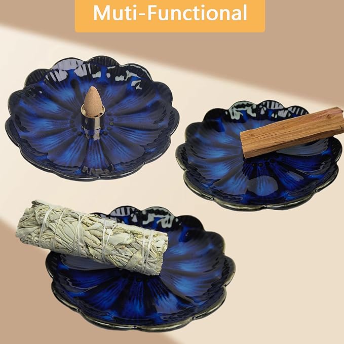 Ceramic Incense Holder for Sticks, Handmade Incense Burner Trays with 3 Pcs Incense Holes, Multi-Purpose Ash Catcher for Coils, White Sage & Palo Santo, Smudge Bowl for Meditation Yoga Decor (Blue)