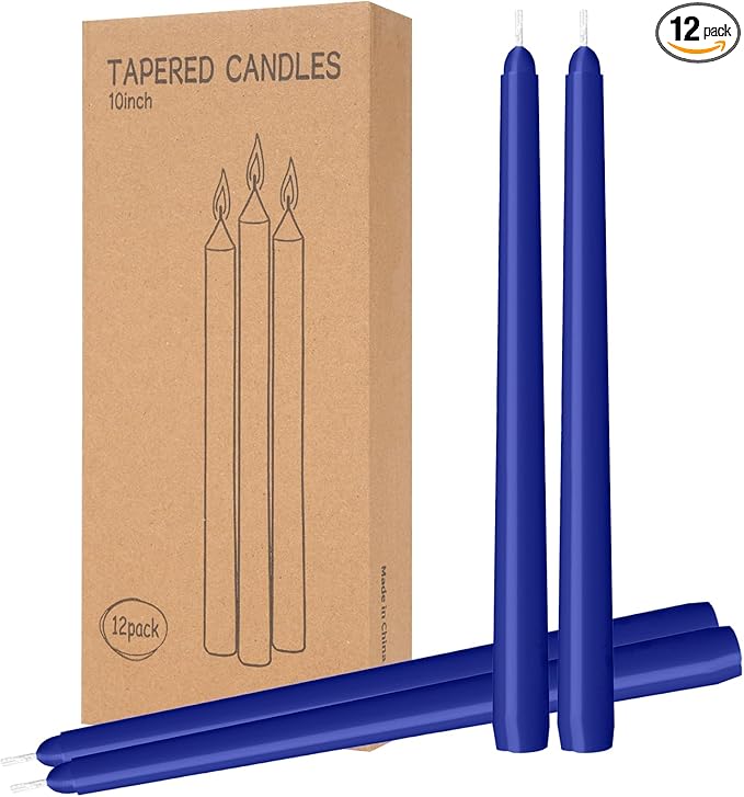 12 Pack Blue Taper Candles - Taper Candles 10 Inch Dripless, Smokeless & Unscented - 8 Hours Long Burning - Ideal for Weddings, Dinner Parties, and Home Decor